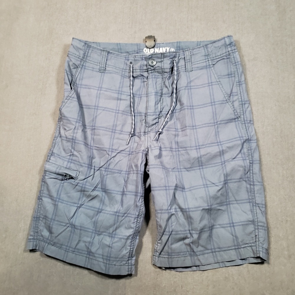 Old Navy Cargo Shorts Mens 32 Blue Plaid Classic Length Drawstring Cotton Blend